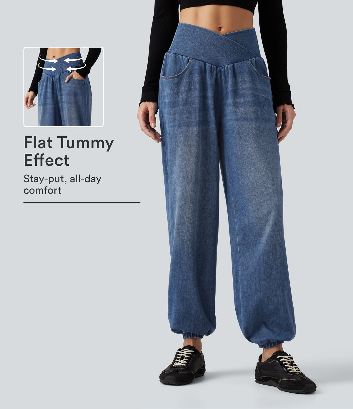 High Waisted Crossover Tummy Control Denim Casual Joggers with Pockets — Tide Blue Denim — view 1