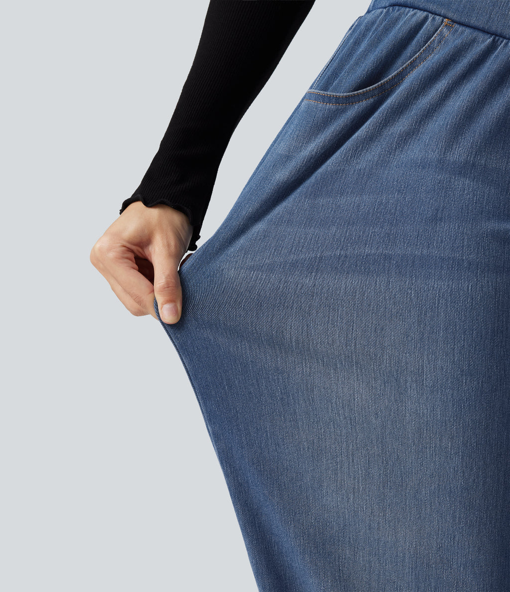 High Waisted Crossover Tummy Control Denim Casual Joggers with Pockets — Tide Blue Denim — view 6