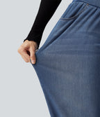 High Waisted Crossover Tummy Control Denim Casual Joggers with Pockets — Tide Blue Denim — view 6