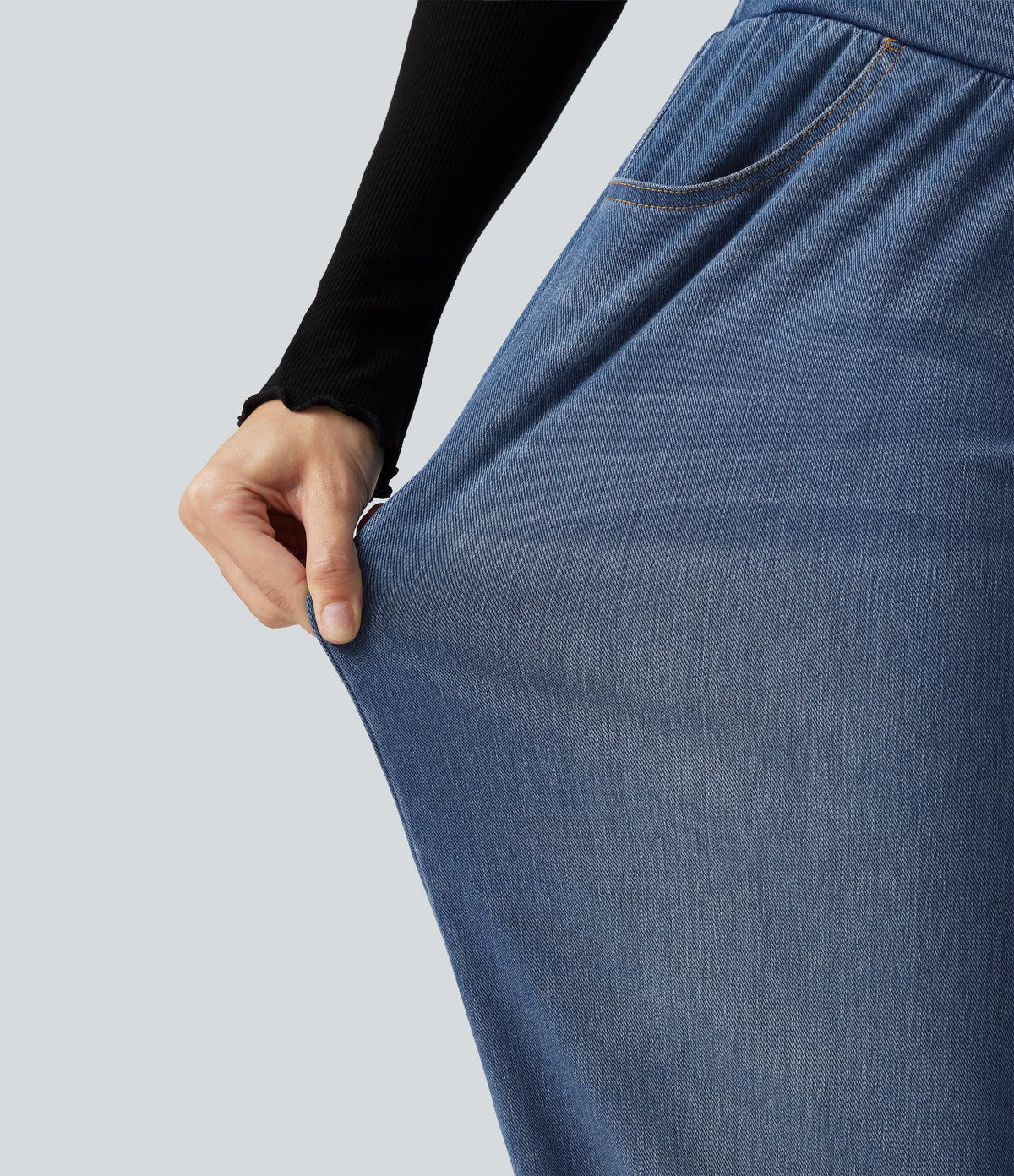 High Waisted Crossover Tummy Control Denim Casual Joggers with Pockets — Tide Blue Denim — view 6