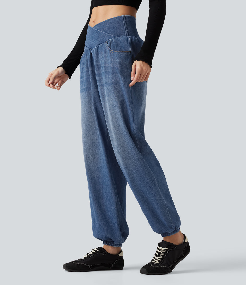 High Waisted Crossover Tummy Control Denim Casual Joggers with Pockets — Tide Blue Denim — view 3