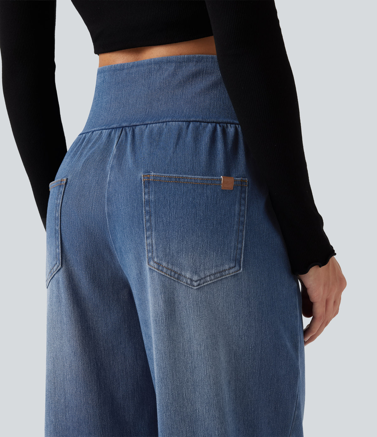 High Waisted Crossover Tummy Control Denim Casual Joggers with Pockets — Tide Blue Denim — view 4