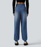 High Waisted Crossover Tummy Control Denim Casual Joggers with Pockets — Tide Blue Denim — view 2