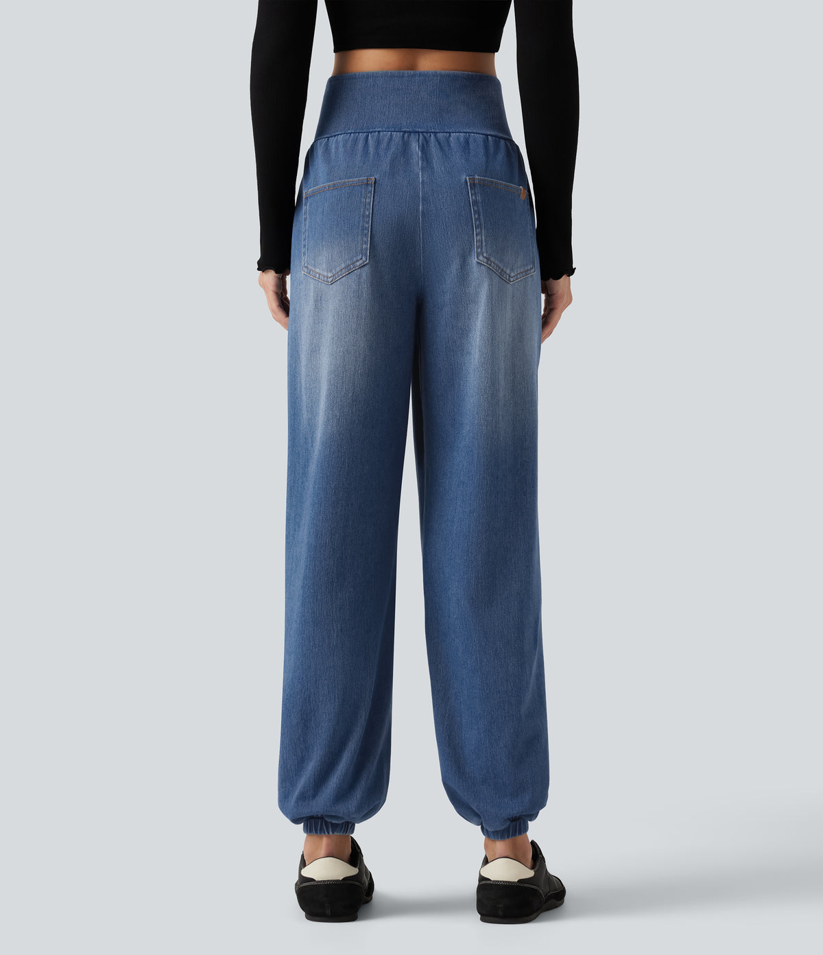 High Waisted Crossover Tummy Control Denim Casual Joggers with Pockets — Tide Blue Denim — view 2