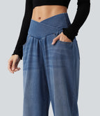 High Waisted Crossover Tummy Control Denim Casual Joggers with Pockets — Tide Blue Denim — view 5