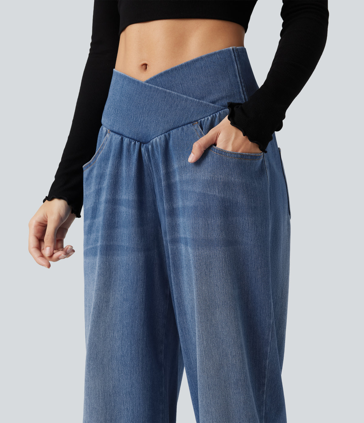High Waisted Crossover Tummy Control Denim Casual Joggers with Pockets — Tide Blue Denim — view 5
