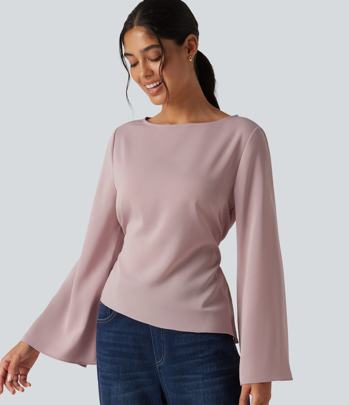 Boat Neck Flounce Long Sleeve Tie Back Asymmetric Hem Casual Blouse — Deep Lotus Pink — view 1