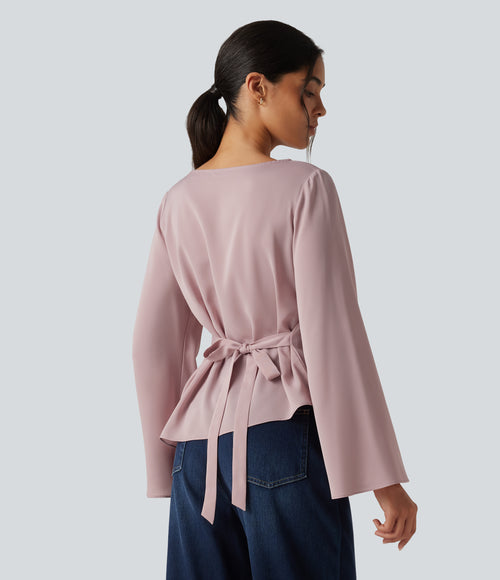 Boat Neck Flounce Long Sleeve Tie Back Asymmetric Hem Casual Blouse — Deep Lotus Pink — view 2