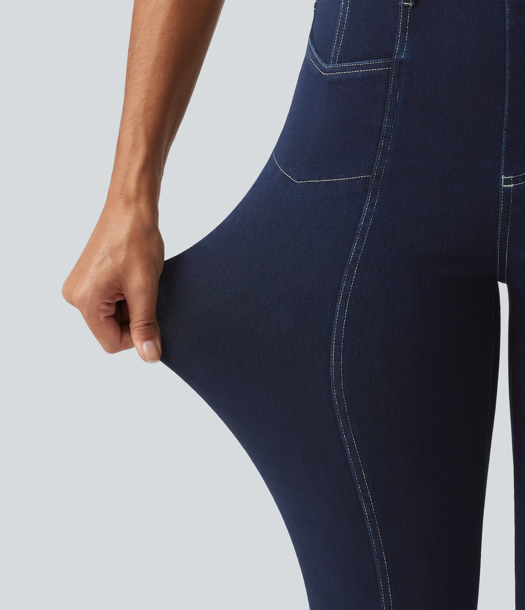 High Waisted Denim Casual Leggings with Pockets — Inkling Blue Denim — view 7