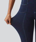High Waisted Denim Casual Leggings with Pockets — Inkling Blue Denim — view 7