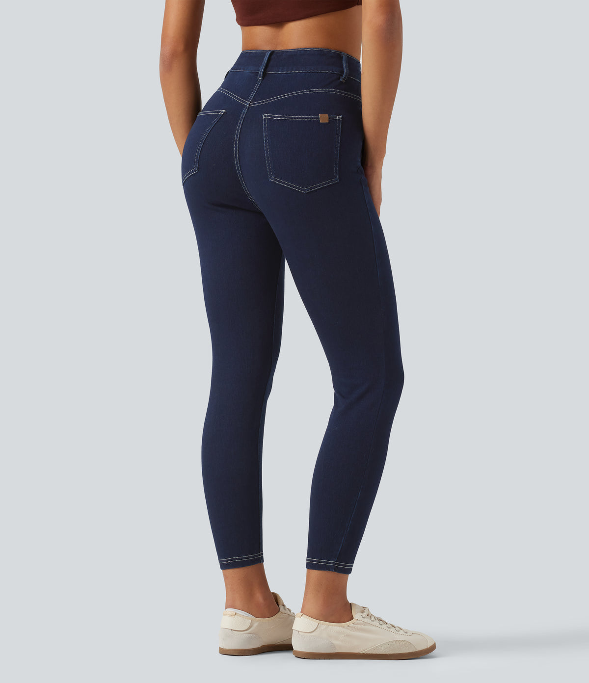 High Waisted Denim Casual Leggings with Pockets — Inkling Blue Denim — view 2