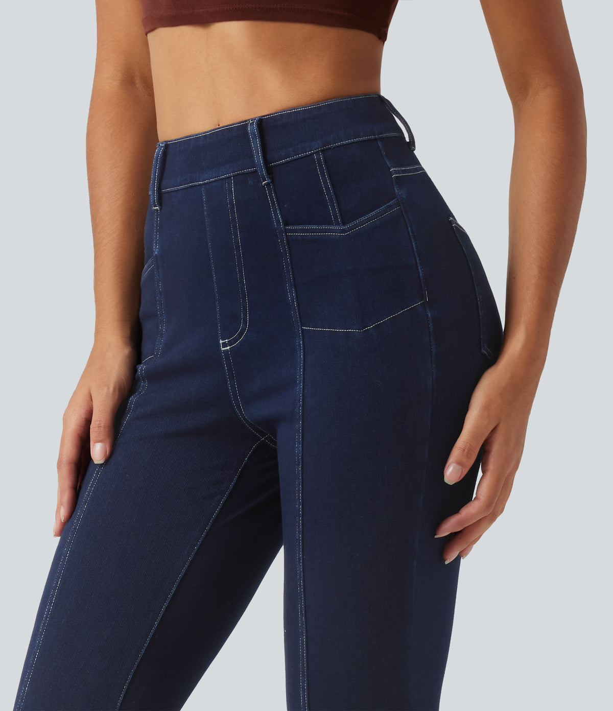 High Waisted Denim Casual Leggings with Pockets — Inkling Blue Denim — view 6