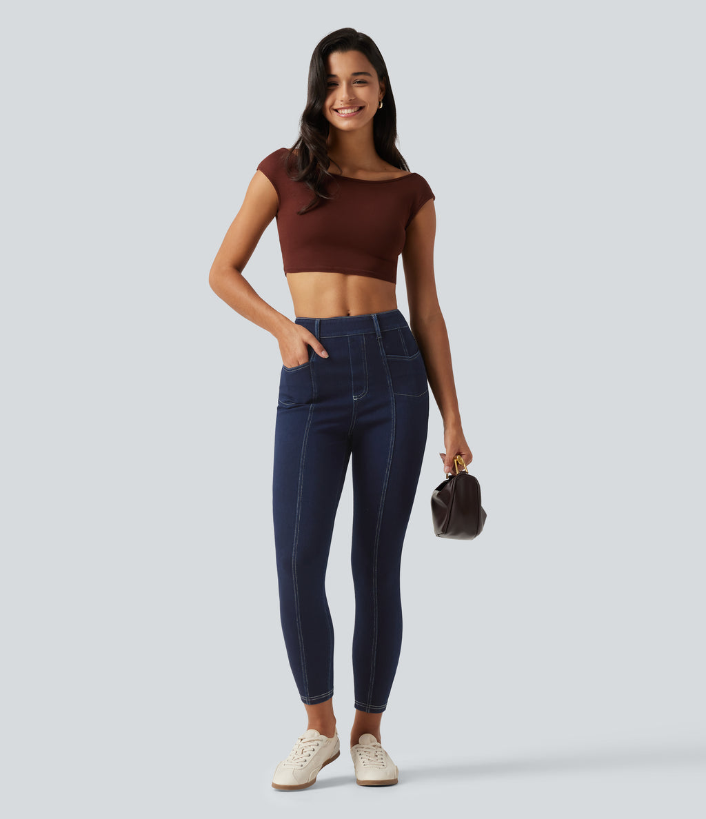 High Waisted Denim Casual Leggings with Pockets — Inkling Blue Denim — view 8
