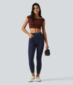 High Waisted Denim Casual Leggings with Pockets — Inkling Blue Denim — view 8