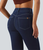 High Waisted Denim Casual Leggings with Pockets — Inkling Blue Denim — view 5