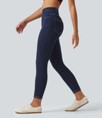 High Waisted Denim Casual Leggings with Pockets — Inkling Blue Denim — view 1