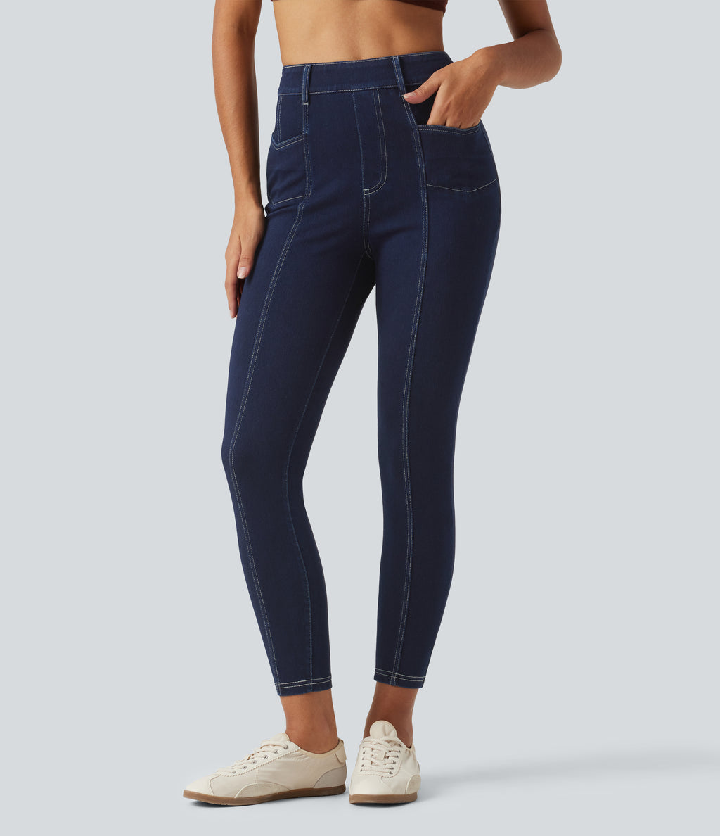 High Waisted Denim Casual Leggings with Pockets — Inkling Blue Denim — view 3