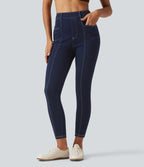 High Waisted Denim Casual Leggings with Pockets — Inkling Blue Denim — view 3