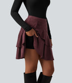 High Waisted Tiered Ruffle Hem 2-in-1 Mini Suede Casual Skirt with Pocket — Chocolate Truffle — view 7