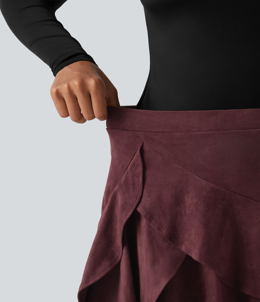 High Waisted Tiered Ruffle Hem 2-in-1 Mini Suede Casual Skirt with Pocket — Chocolate Truffle — view 8