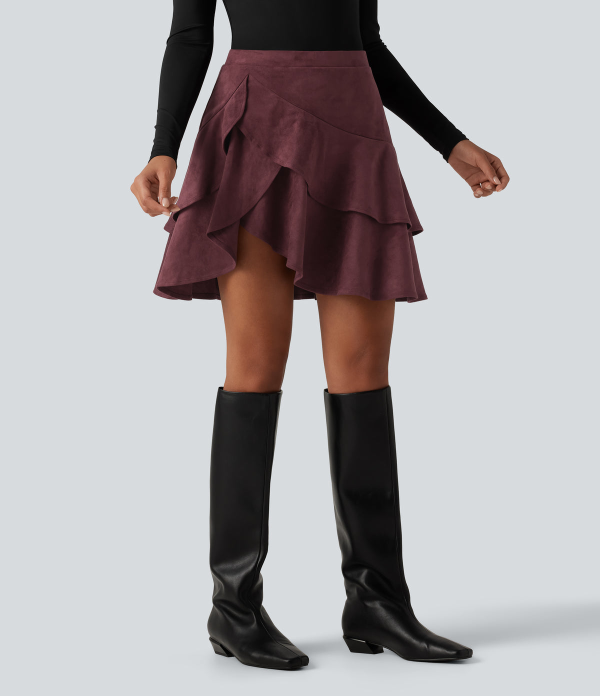 High Waisted Tiered Ruffle Hem 2-in-1 Mini Suede Casual Skirt with Pocket — Chocolate Truffle — view 4