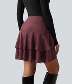 High Waisted Tiered Ruffle Hem 2-in-1 Mini Suede Casual Skirt with Pocket — Chocolate Truffle — view 6