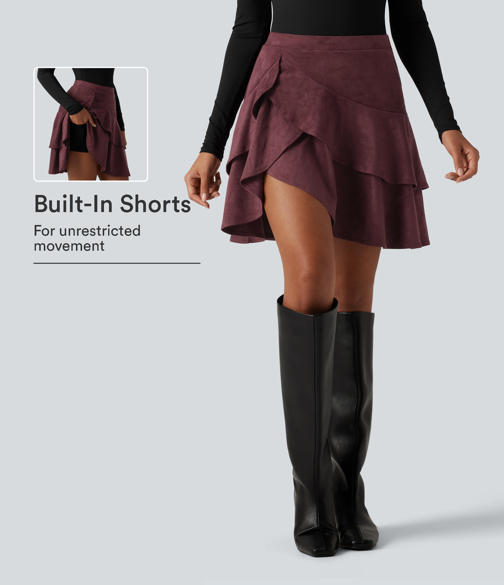 High Waisted Tiered Ruffle Hem 2-in-1 Mini Suede Casual Skirt with Pocket — Chocolate Truffle — view 1