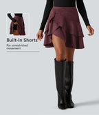 High Waisted Tiered Ruffle Hem 2-in-1 Mini Suede Casual Skirt with Pocket — Chocolate Truffle — view 1
