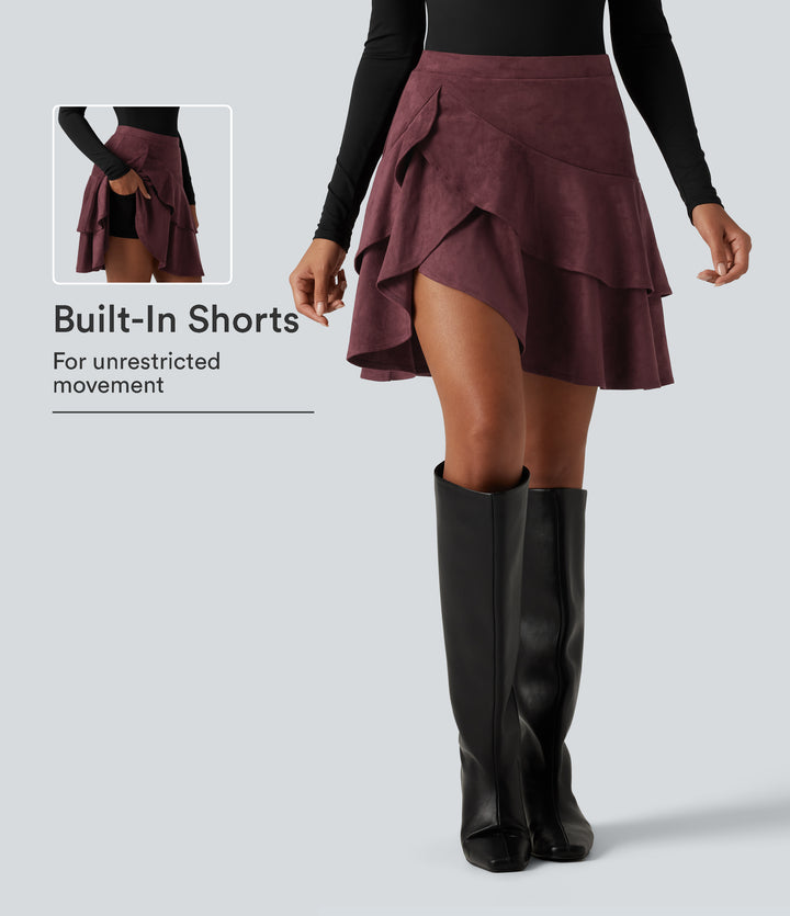 High Waisted Tiered Ruffle Hem 2-in-1 Mini Suede Casual Skirt with Pocket — Chocolate Truffle — view 1