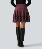 High Waisted Tiered Ruffle Hem 2-in-1 Mini Suede Casual Skirt with Pocket — Chocolate Truffle — view 3