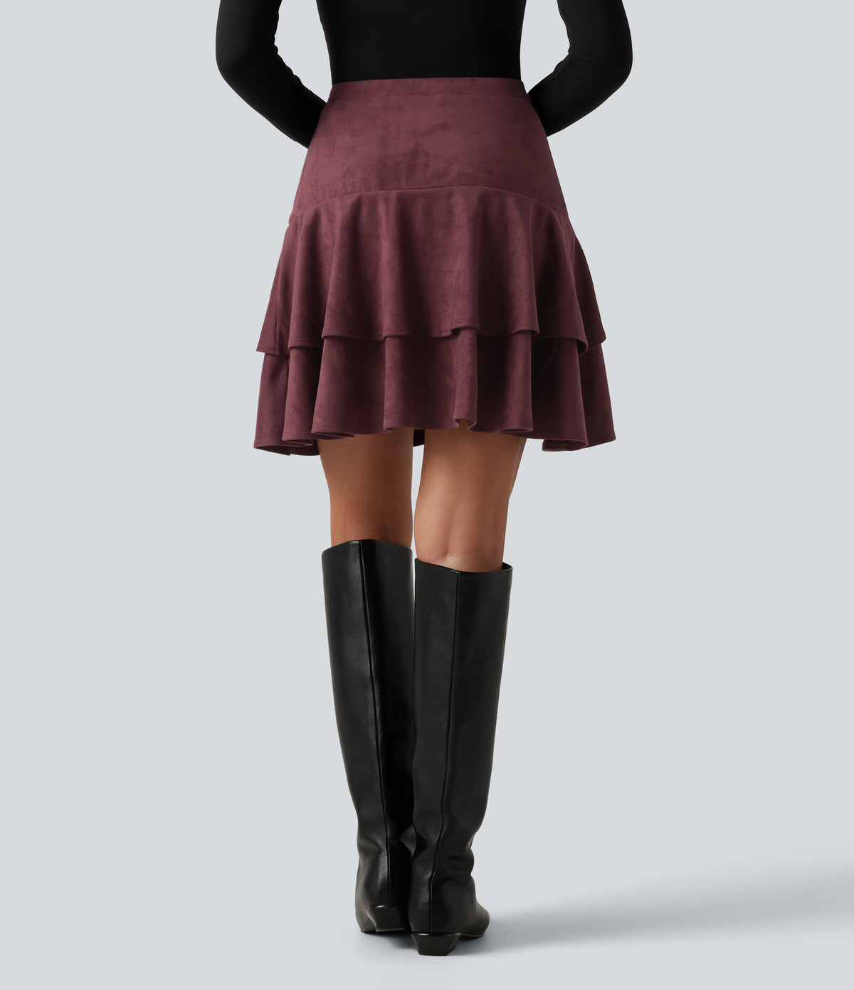 High Waisted Tiered Ruffle Hem 2-in-1 Mini Suede Casual Skirt with Pocket — Chocolate Truffle — view 3