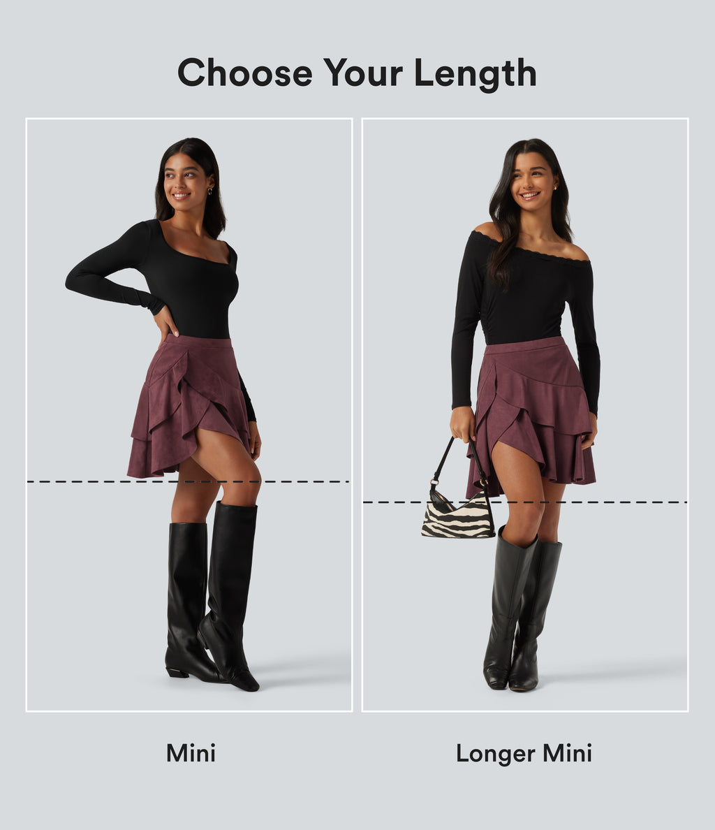 High Waisted Tiered Ruffle Hem 2-in-1 Mini Suede Casual Skirt with Pocket — Chocolate Truffle — view 2