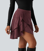 High Waisted Tiered Ruffle Hem 2-in-1 Mini Suede Casual Skirt with Pocket — Chocolate Truffle — view 5