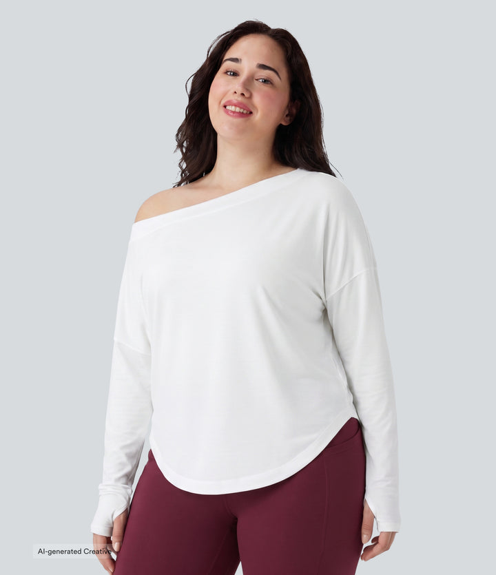 Plus Size One Shoulder Long Sleeve Thumb Hole Curved Hem High Low Quick Dry Yoga Sports Top — White — view 1