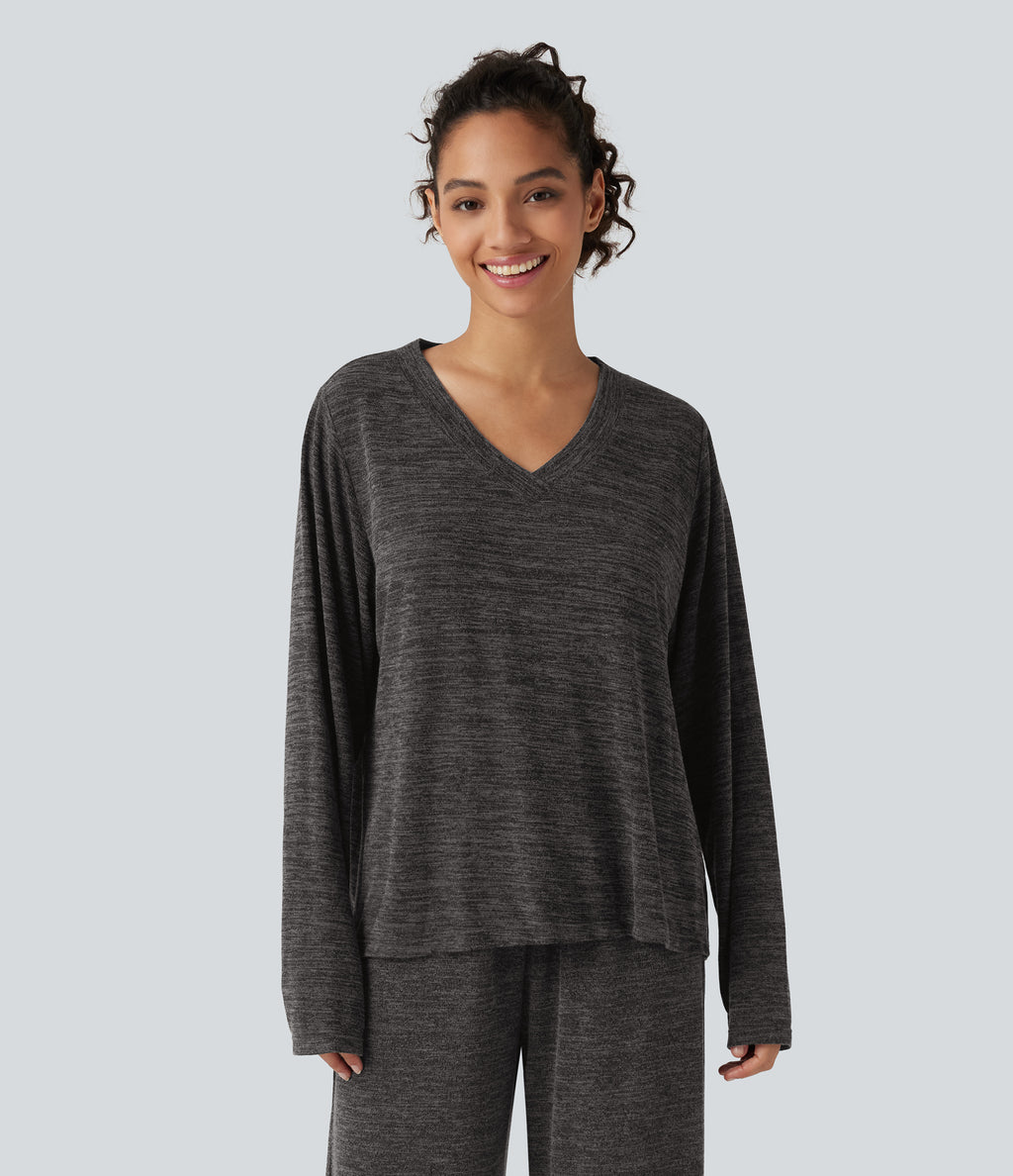 V Neck Boxy Long Sleeve Casual T-Shirt — Darl Gray Floral Yarn — view 4