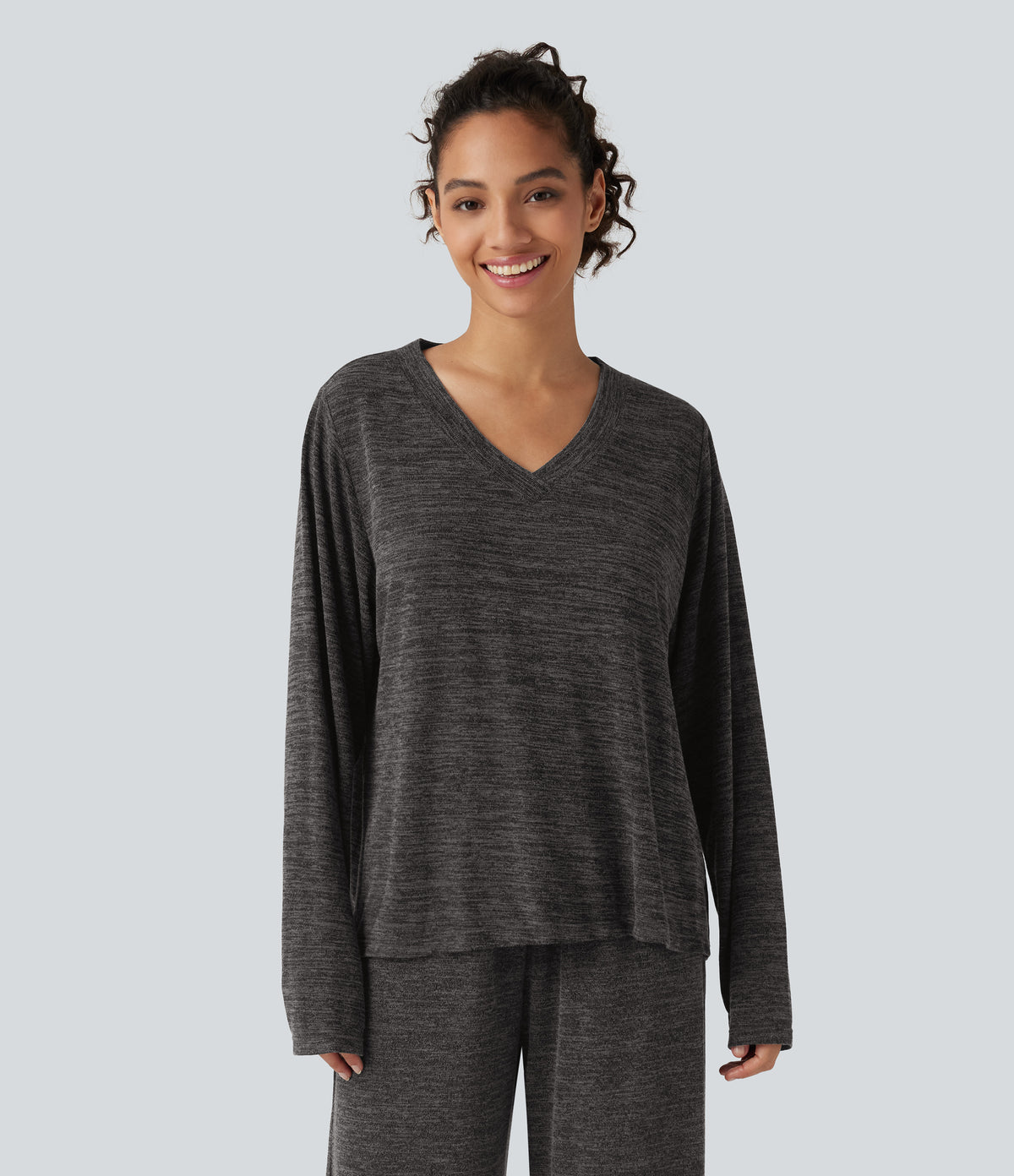 V Neck Boxy Long Sleeve Casual T-Shirt — Darl Gray Floral Yarn — view 4