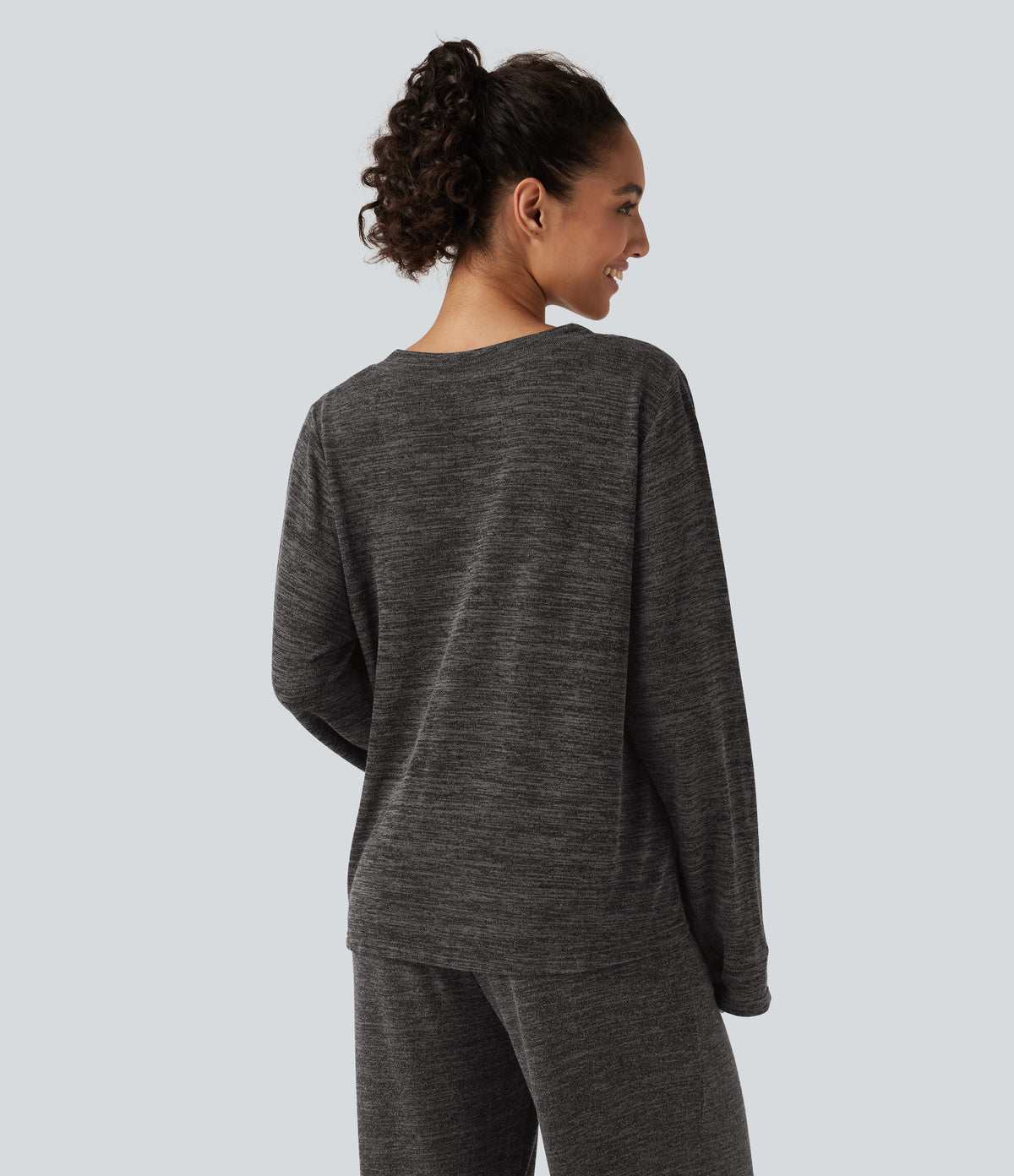 V Neck Boxy Long Sleeve Casual T-Shirt — Darl Gray Floral Yarn — view 2