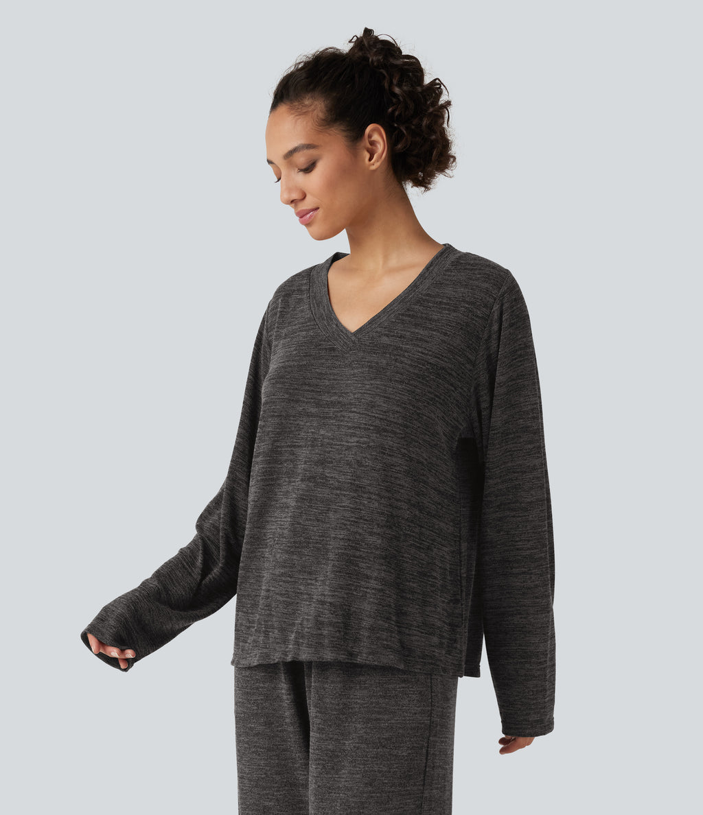 V Neck Boxy Long Sleeve Casual T-Shirt — Darl Gray Floral Yarn — view 3