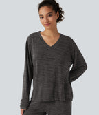 V Neck Boxy Long Sleeve Casual T-Shirt — Darl Gray Floral Yarn — view 1