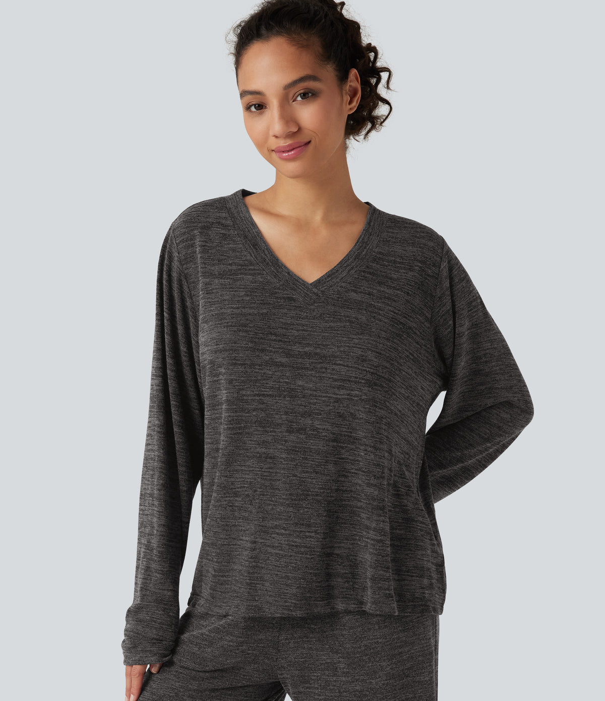 V Neck Boxy Long Sleeve Casual T-Shirt — Darl Gray Floral Yarn — view 1