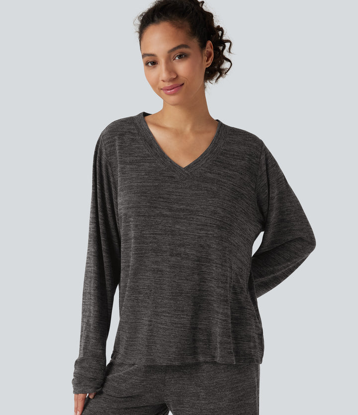 V Neck Boxy Long Sleeve Casual T-Shirt — Darl Gray Floral Yarn — view 1