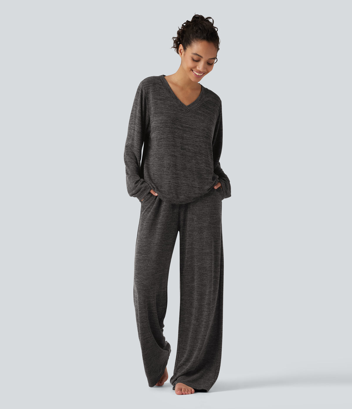 V Neck Boxy Long Sleeve Casual T-Shirt — Darl Gray Floral Yarn — view 6
