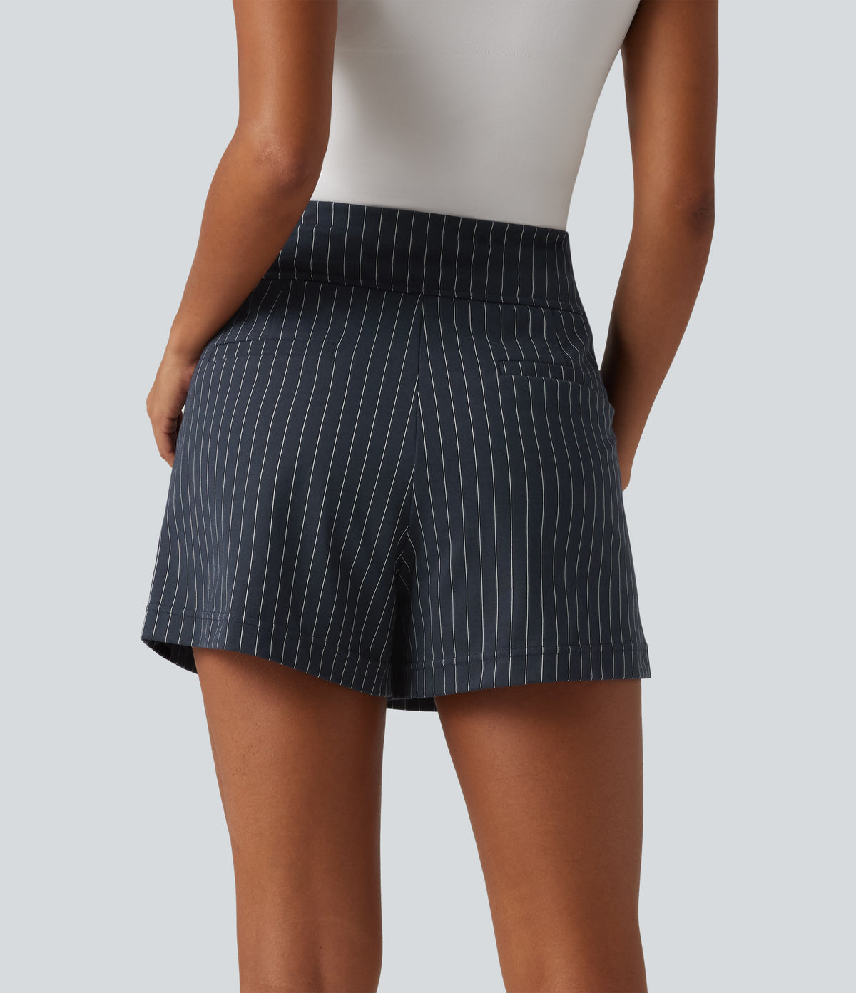 High Waisted InstantCool Stripe Work Shorts 4" with Pockets — Navy Pinstripe — view 2