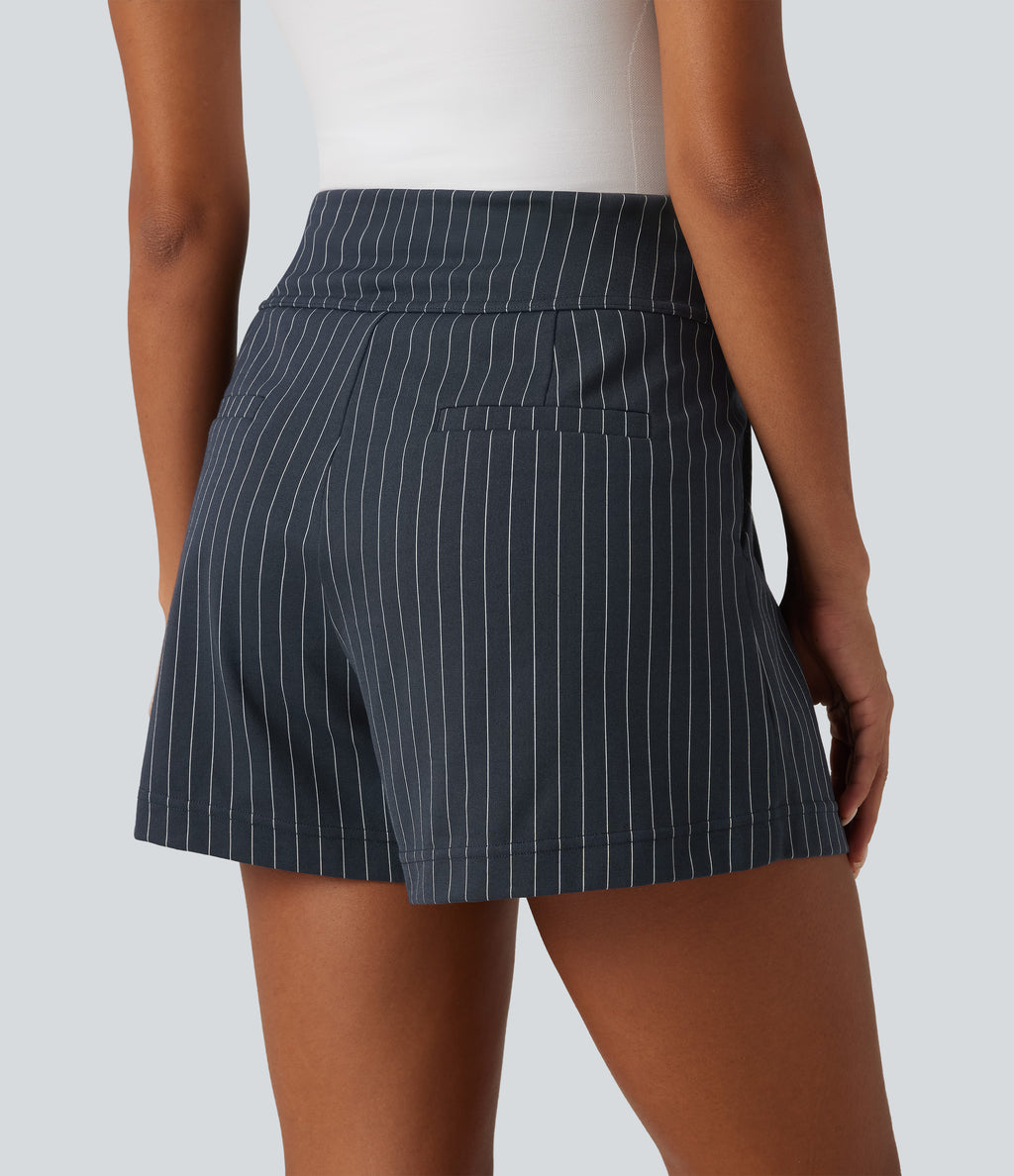 High Waisted InstantCool Stripe Work Shorts 4" with Pockets — Navy Pinstripe — view 4