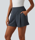 High Waisted InstantCool Stripe Work Shorts 4" with Pockets — Navy Pinstripe — view 5