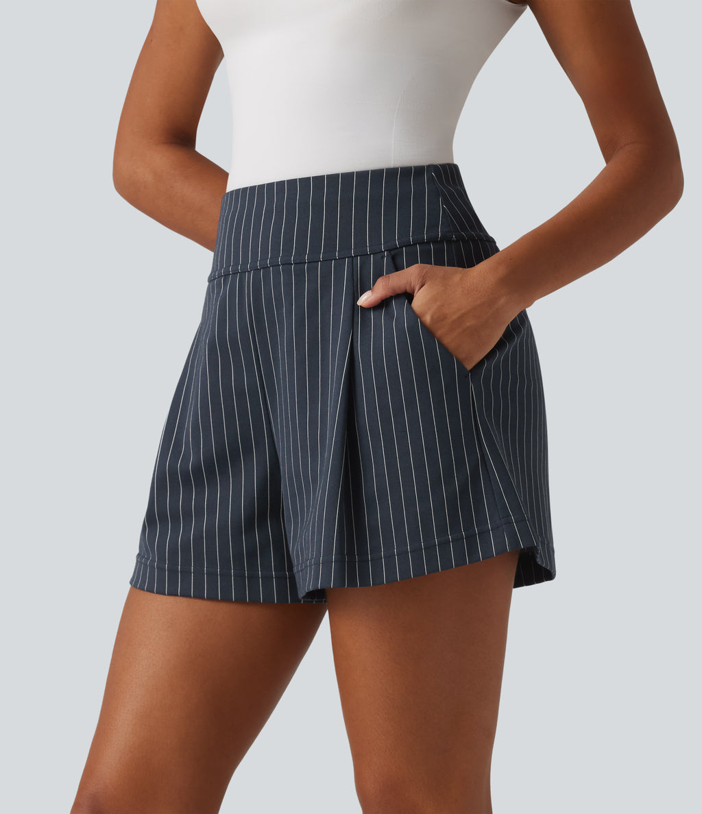 High Waisted InstantCool Stripe Work Shorts 4" with Pockets — Navy Pinstripe — view 3