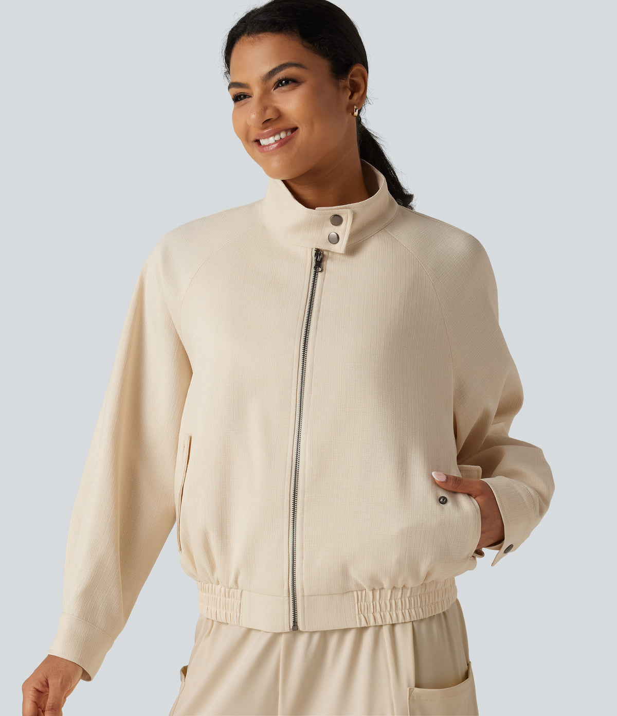 Mock Neck Long Sleeve Casual Jacket with Pockets — White Swan — view 5