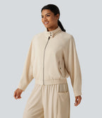 Mock Neck Long Sleeve Casual Jacket with Pockets — White Swan — view 3