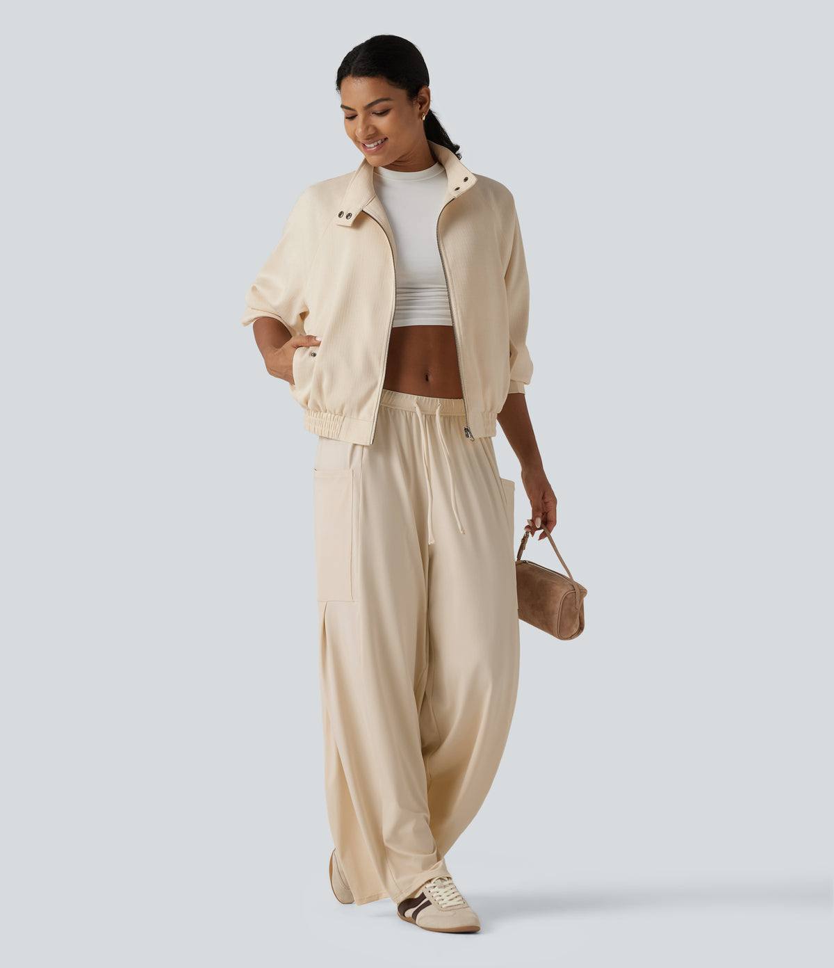 Mock Neck Long Sleeve Casual Jacket with Pockets — White Swan — view 8