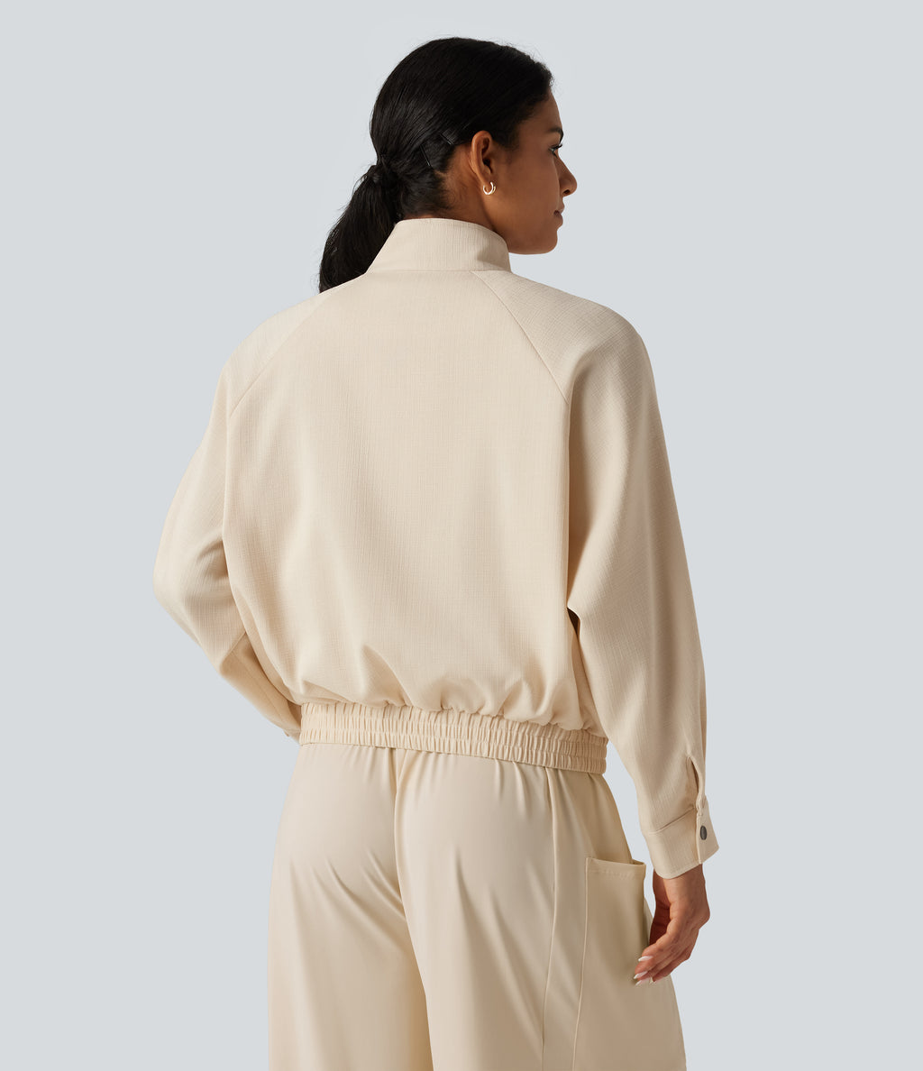 Mock Neck Long Sleeve Casual Jacket with Pockets — White Swan — view 2